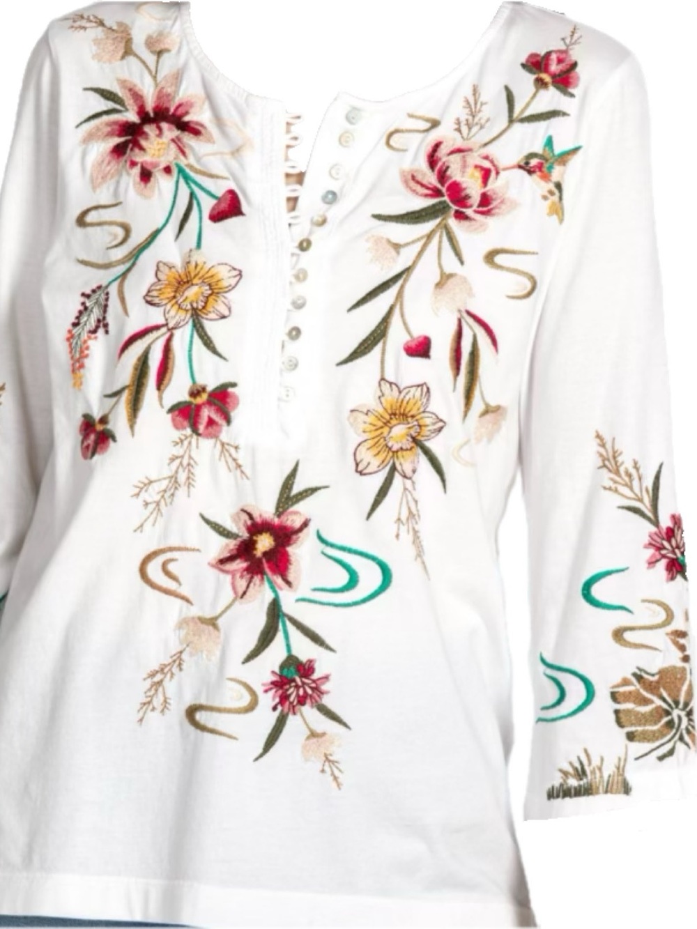 Johnny Was Maisie White Cotton Embroidered Hummingbird Blouse Top 3/4 Sleeve S